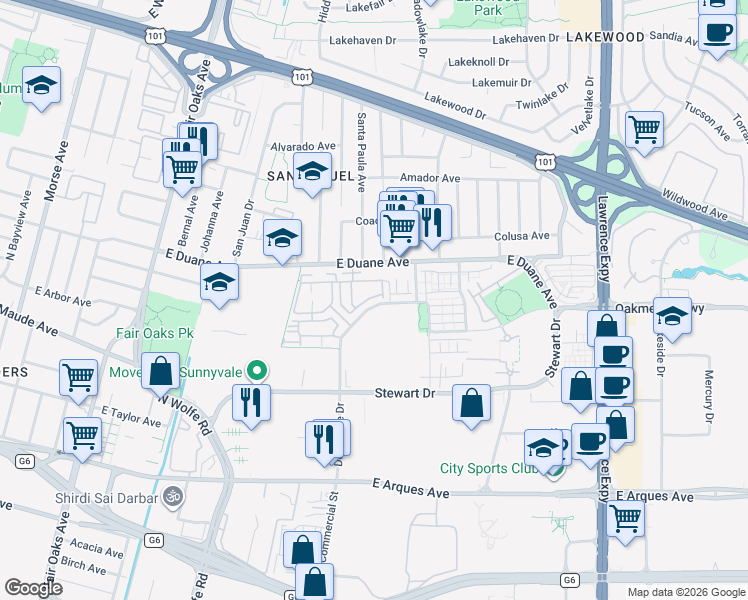 map of restaurants, bars, coffee shops, grocery stores, and more near 905 De Guigne Drive in Sunnyvale
