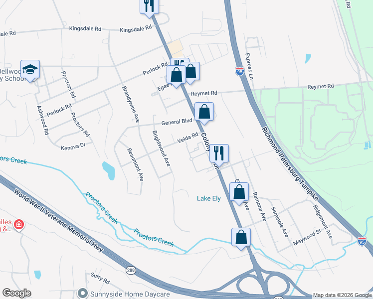 map of restaurants, bars, coffee shops, grocery stores, and more near 2621 Velda Road in Richmond