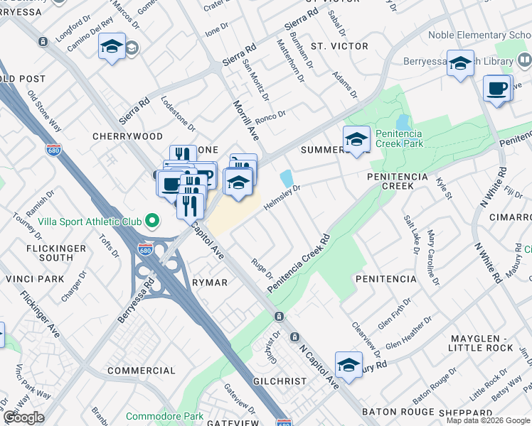 map of restaurants, bars, coffee shops, grocery stores, and more near 2741 Helmsley Drive in San Jose