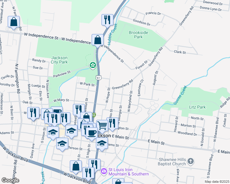 map of restaurants, bars, coffee shops, grocery stores, and more near 313 Greensferry Road in Jackson