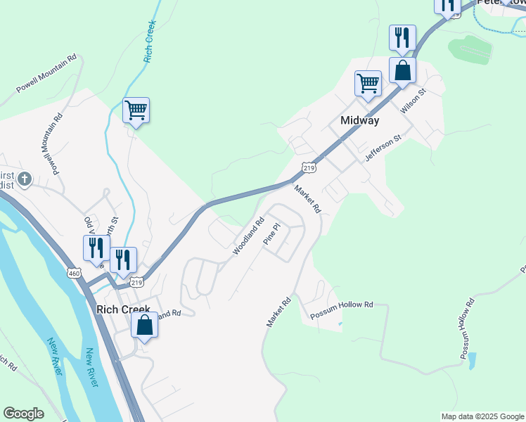 map of restaurants, bars, coffee shops, grocery stores, and more near 901 Woodland Road in Rich Creek