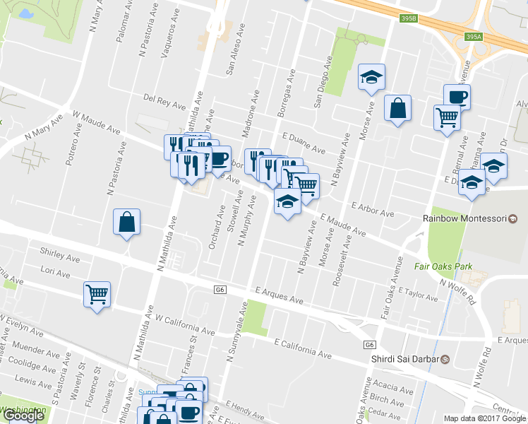 map of restaurants, bars, coffee shops, grocery stores, and more near 383 North Sunnyvale Avenue in Sunnyvale