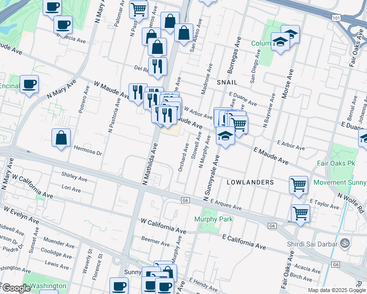 map of restaurants, bars, coffee shops, grocery stores, and more near 371 Orchard Avenue in Sunnyvale