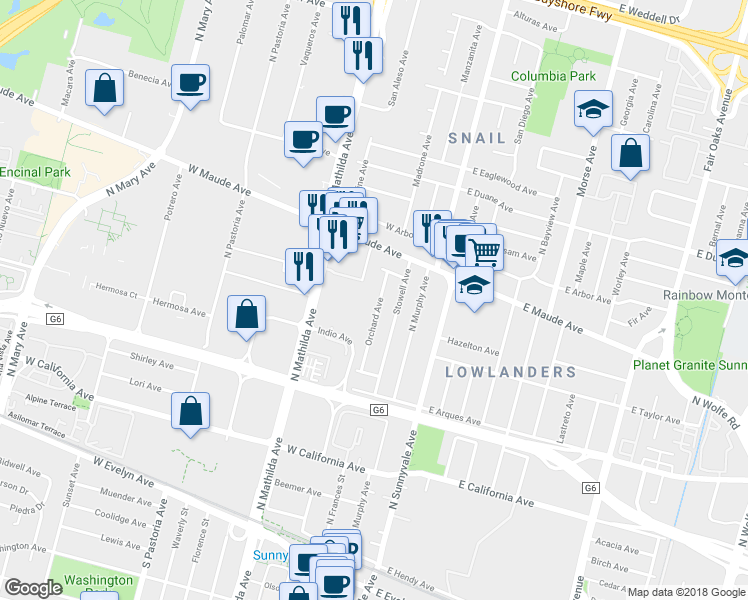 map of restaurants, bars, coffee shops, grocery stores, and more near 371 Orchard Avenue in Sunnyvale