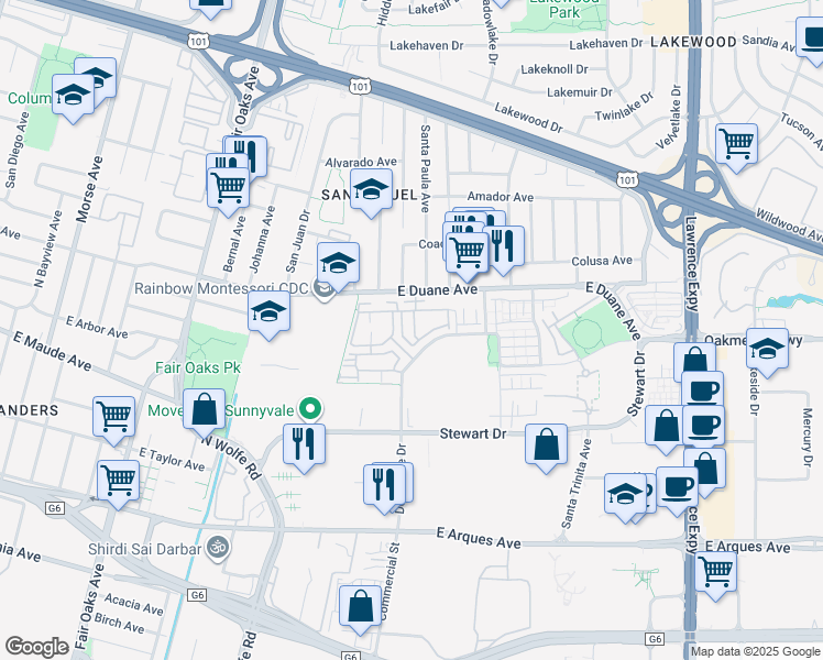 map of restaurants, bars, coffee shops, grocery stores, and more near 555 San Martin Terrace in Sunnyvale