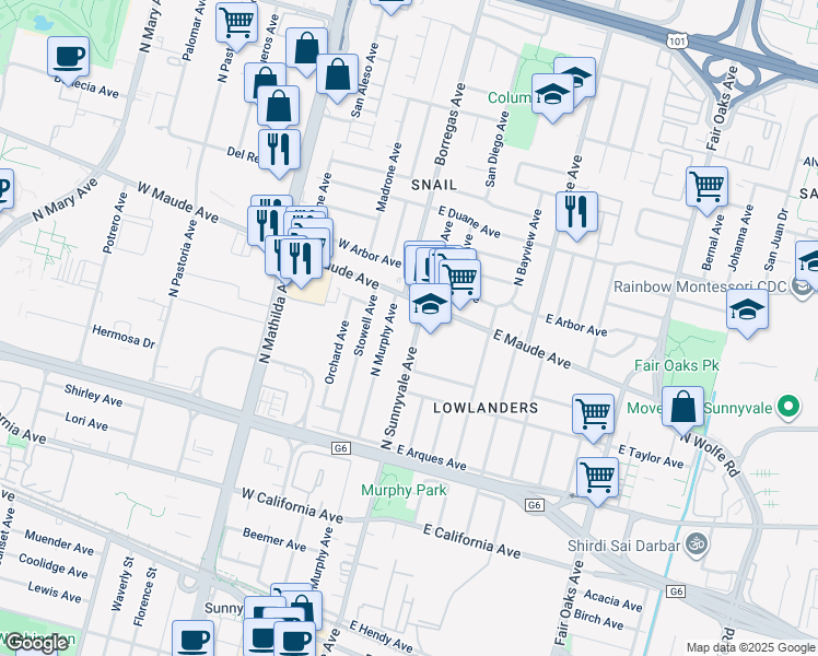 map of restaurants, bars, coffee shops, grocery stores, and more near 383 North Sunnyvale Avenue in Sunnyvale