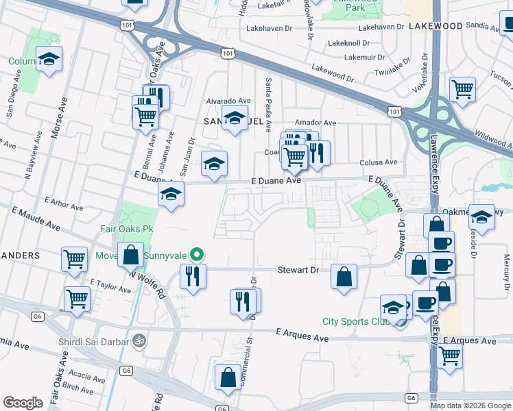 map of restaurants, bars, coffee shops, grocery stores, and more near 554 Santa Maria Terrace in Sunnyvale