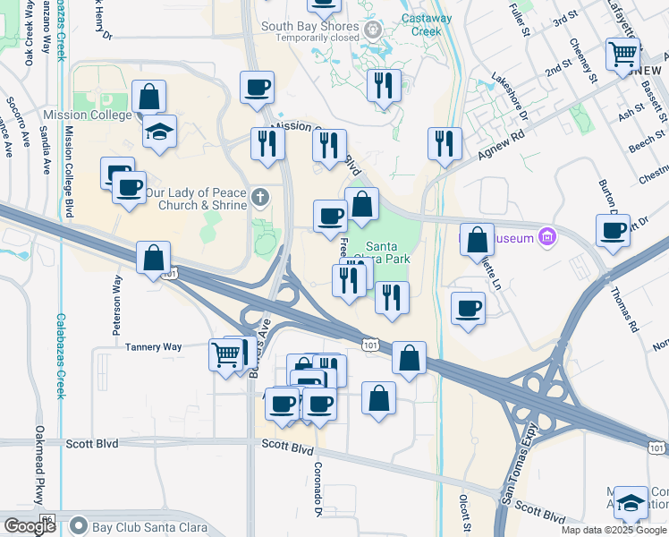 map of restaurants, bars, coffee shops, grocery stores, and more near 3975 Freedom Circle in Santa Clara