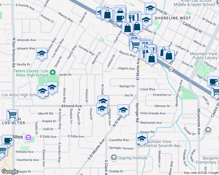 map of restaurants, bars, coffee shops, grocery stores, and more near 600 Spargur Drive in Los Altos