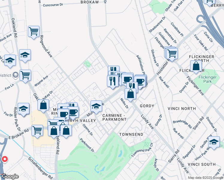 map of restaurants, bars, coffee shops, grocery stores, and more near 1701 Lundy Avenue in San Jose