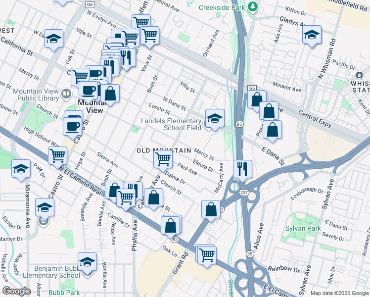 map of restaurants, bars, coffee shops, grocery stores, and more near 130 Mercy Street in Mountain View