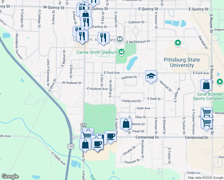 map of restaurants, bars, coffee shops, grocery stores, and more near 306 East Hudson Avenue in Pittsburg