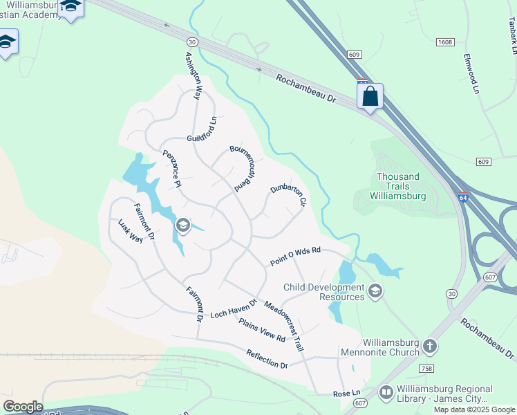 map of restaurants, bars, coffee shops, grocery stores, and more near 4005 Dunbarton Circle in Williamsburg