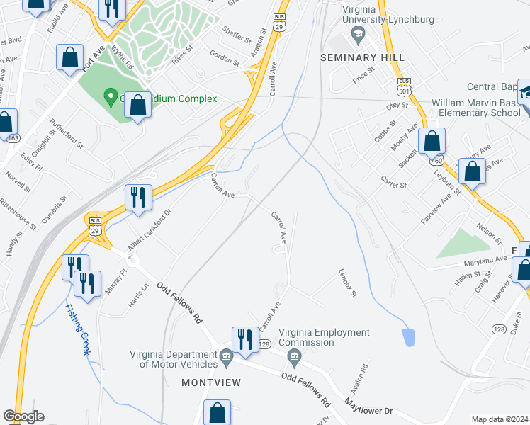 map of restaurants, bars, coffee shops, grocery stores, and more near 2905 Carroll Avenue in Lynchburg