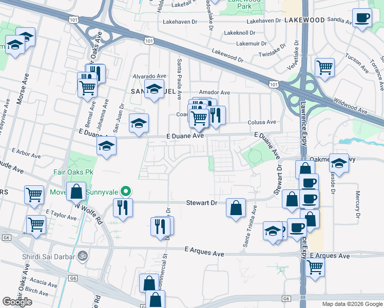 map of restaurants, bars, coffee shops, grocery stores, and more near 557 Charles Fraker Terrace in Sunnyvale