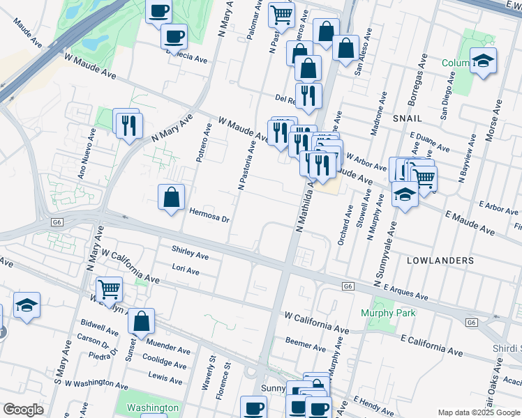 map of restaurants, bars, coffee shops, grocery stores, and more near 445 Indio Way in Sunnyvale