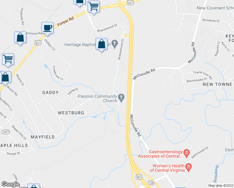 map of restaurants, bars, coffee shops, grocery stores, and more near 428 Breezewood Drive in Lynchburg