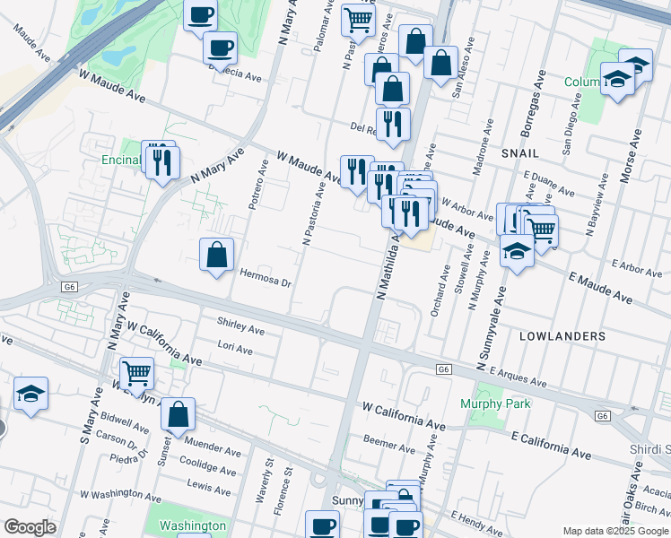 map of restaurants, bars, coffee shops, grocery stores, and more near 445 Indio Avenue in Sunnyvale