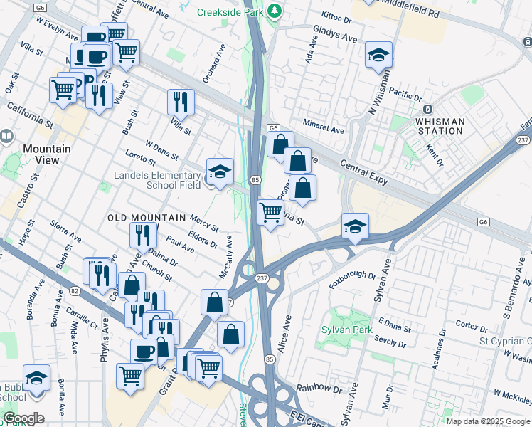 map of restaurants, bars, coffee shops, grocery stores, and more near Norman Y. Mineta Hwy in Mountain View