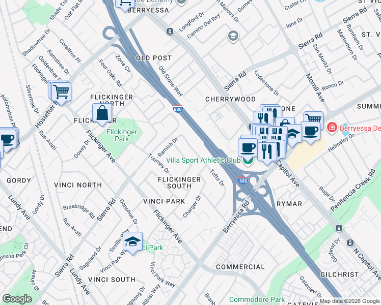map of restaurants, bars, coffee shops, grocery stores, and more near 1338 Tofts Drive in San Jose