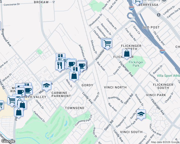 map of restaurants, bars, coffee shops, grocery stores, and more near 1728 Hostetter Road in San Jose