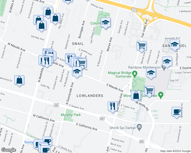 map of restaurants, bars, coffee shops, grocery stores, and more near 544 North Bayview Avenue in Sunnyvale