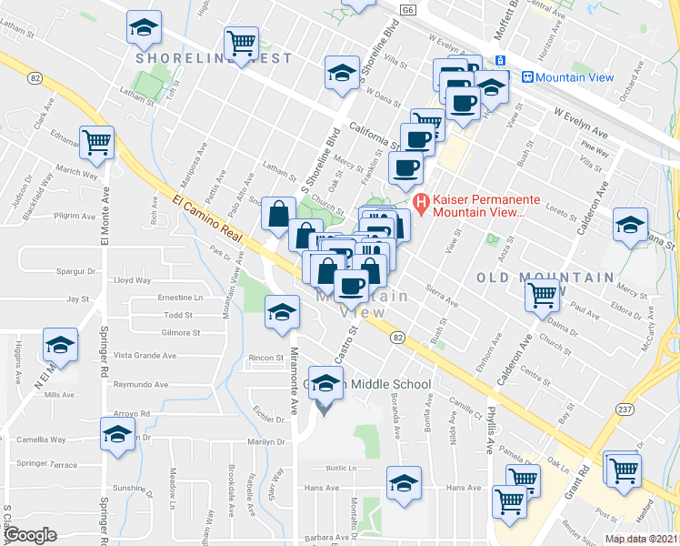 map of restaurants, bars, coffee shops, grocery stores, and more near 953 High School Way in Mountain View