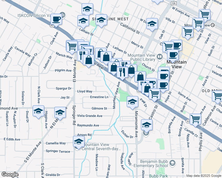 map of restaurants, bars, coffee shops, grocery stores, and more near 1339 Park Drive in Mountain View