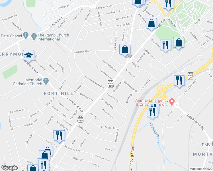map of restaurants, bars, coffee shops, grocery stores, and more near 4067 Fort Avenue in Lynchburg