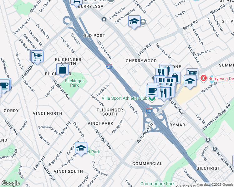 map of restaurants, bars, coffee shops, grocery stores, and more near 1338 Tofts Drive in San Jose