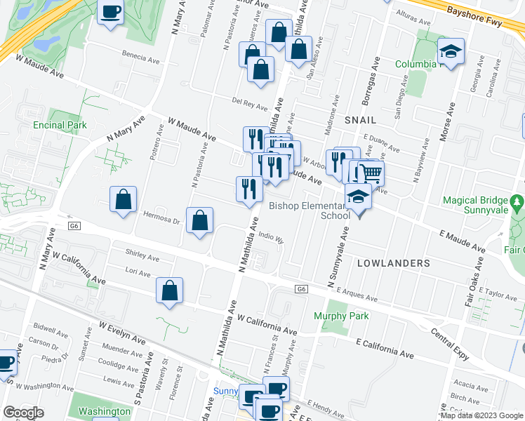 map of restaurants, bars, coffee shops, grocery stores, and more near 450 North Mathilda Avenue in Sunnyvale