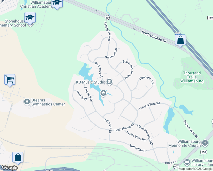 map of restaurants, bars, coffee shops, grocery stores, and more near 4009 Penzance Place in Williamsburg