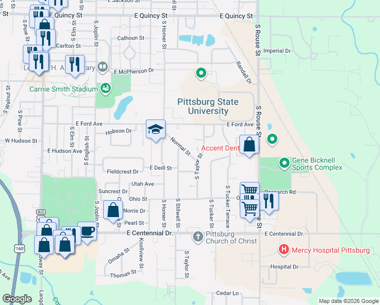map of restaurants, bars, coffee shops, grocery stores, and more near 1908 South Taylor Street in Pittsburg