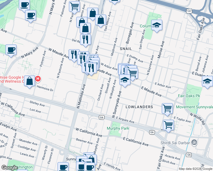 map of restaurants, bars, coffee shops, grocery stores, and more near 375 Stowell Avenue in Sunnyvale