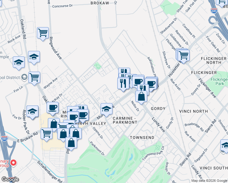 map of restaurants, bars, coffee shops, grocery stores, and more near 312 Morning Star Drive in San Jose