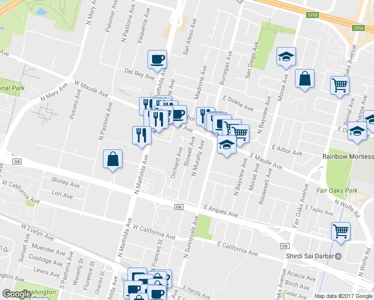 map of restaurants, bars, coffee shops, grocery stores, and more near 375 Stowell Avenue in Sunnyvale