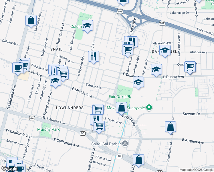 map of restaurants, bars, coffee shops, grocery stores, and more near 558 Balsam Avenue in Sunnyvale
