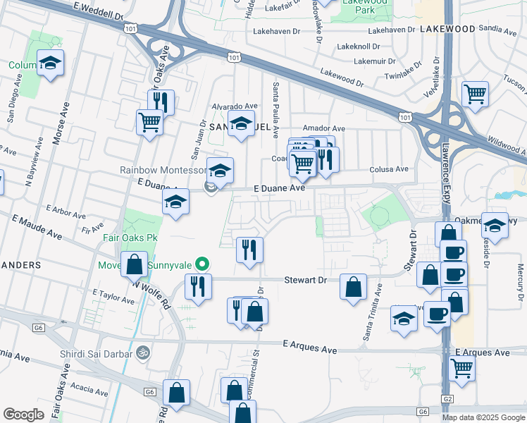 map of restaurants, bars, coffee shops, grocery stores, and more near 554 Santa Maria Terrace in Sunnyvale