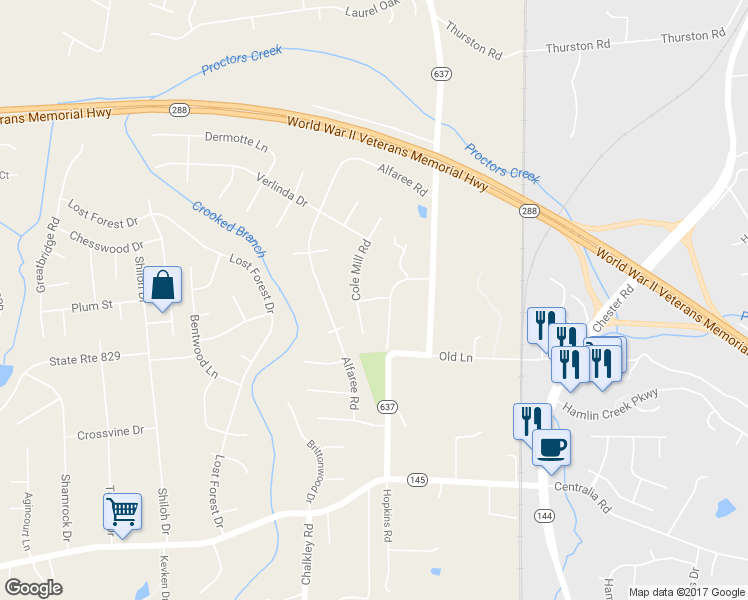 map of restaurants, bars, coffee shops, grocery stores, and more near 4799 Vista Ridge Lane in Richmond