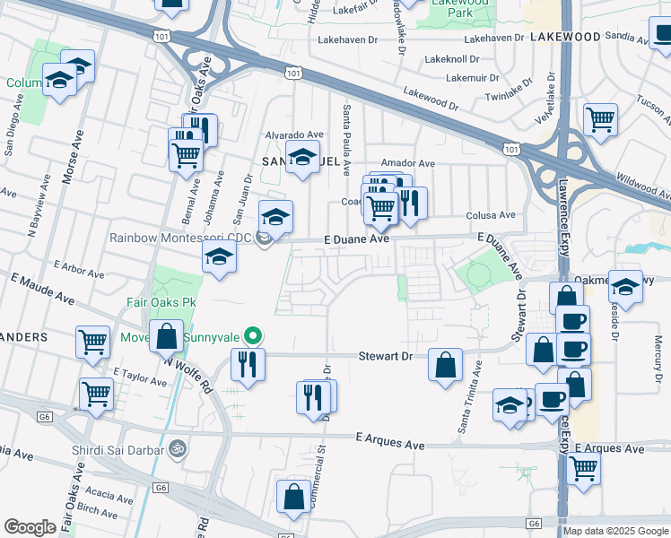 map of restaurants, bars, coffee shops, grocery stores, and more near 555 San Martin Terrace in Sunnyvale