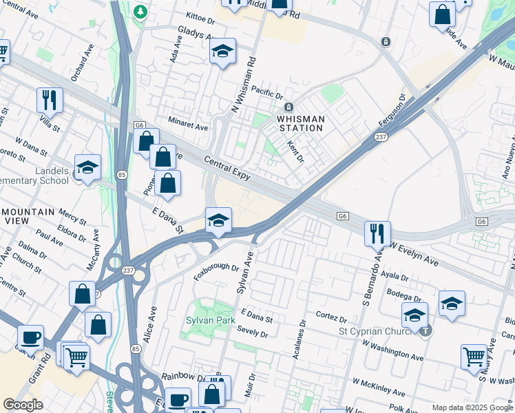 map of restaurants, bars, coffee shops, grocery stores, and more near in Mountain View