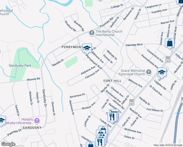 map of restaurants, bars, coffee shops, grocery stores, and more near 4521 Fairmont Avenue in Lynchburg