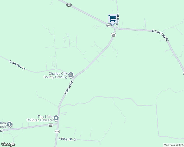 map of restaurants, bars, coffee shops, grocery stores, and more near 7400 Adkins Road in Charles City