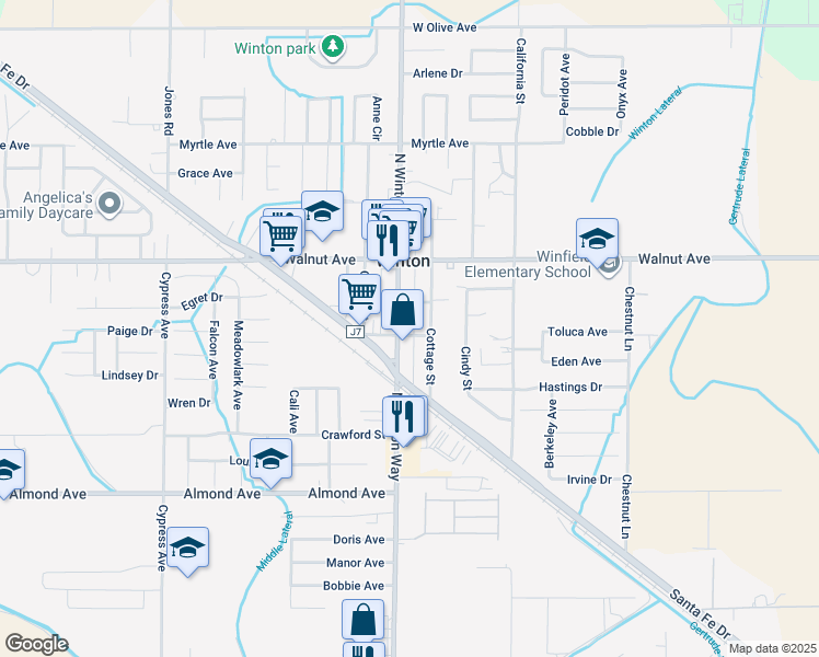 map of restaurants, bars, coffee shops, grocery stores, and more near 6852 North Winton Way in Winton