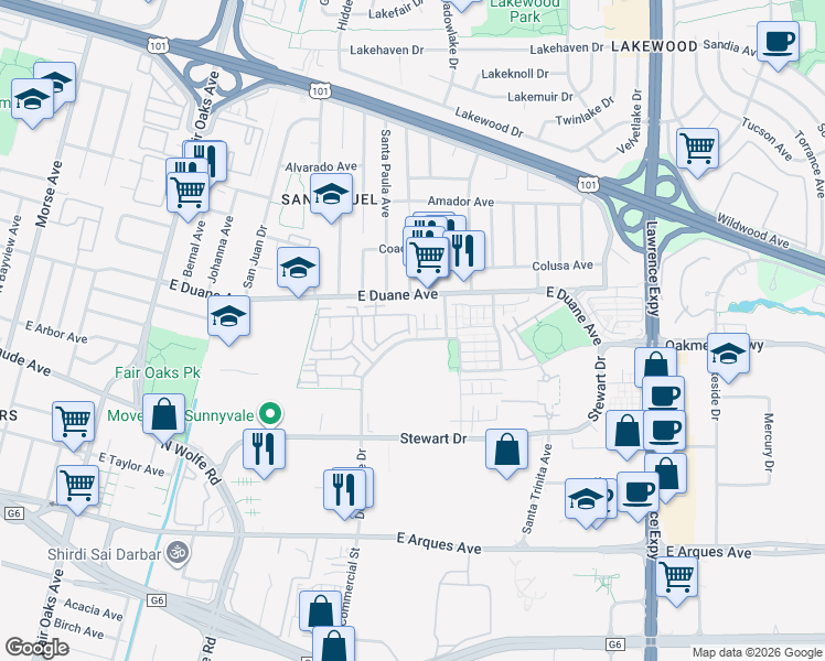 map of restaurants, bars, coffee shops, grocery stores, and more near 557 Charles Fraker Terrace in Sunnyvale