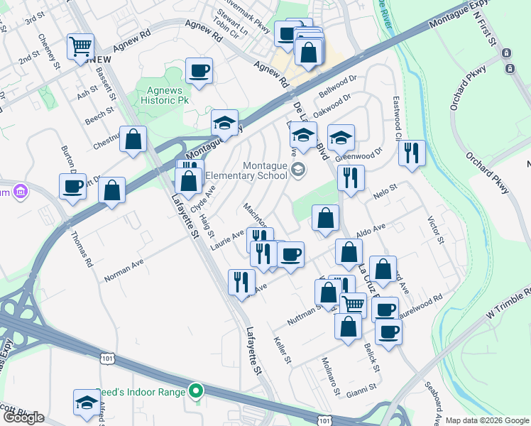 map of restaurants, bars, coffee shops, grocery stores, and more near 823 Laurie Avenue in Santa Clara