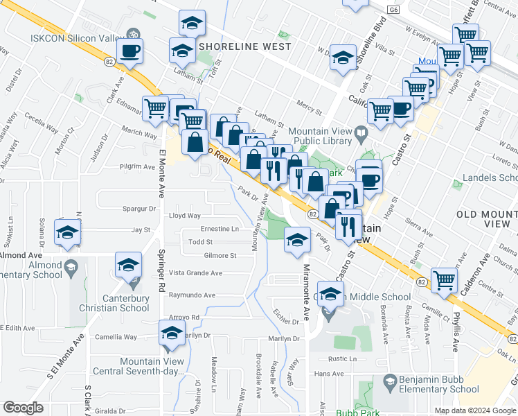 map of restaurants, bars, coffee shops, grocery stores, and more near 914 Mountain View Avenue in Mountain View