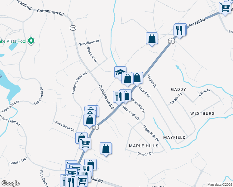 map of restaurants, bars, coffee shops, grocery stores, and more near 1070 Woodberry Square Place in Lynchburg