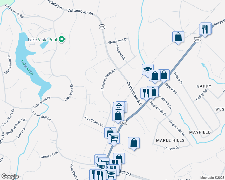 map of restaurants, bars, coffee shops, grocery stores, and more near 1230 Cottontown Road in Forest