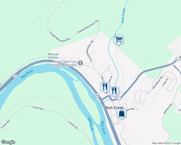 map of restaurants, bars, coffee shops, grocery stores, and more near 136 Powell Lane in Rich Creek